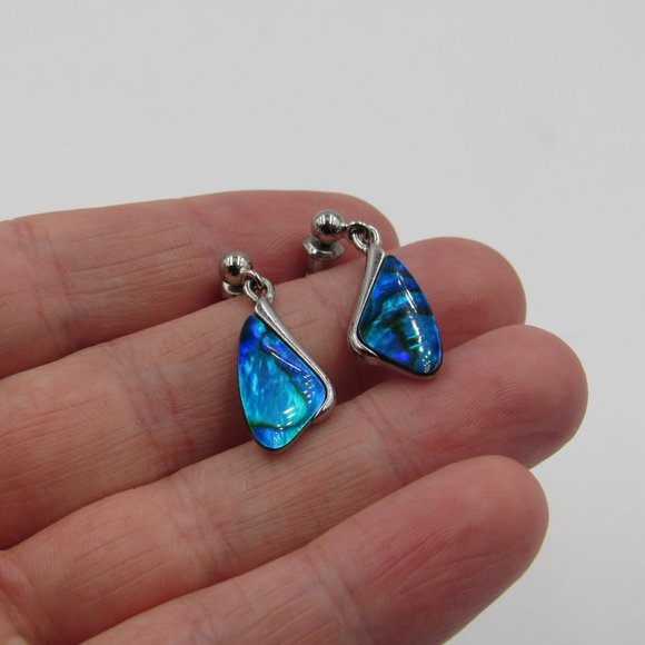 Silver Tone Blue Abalone Shell Earrings Vintage - Picture 2 of 6